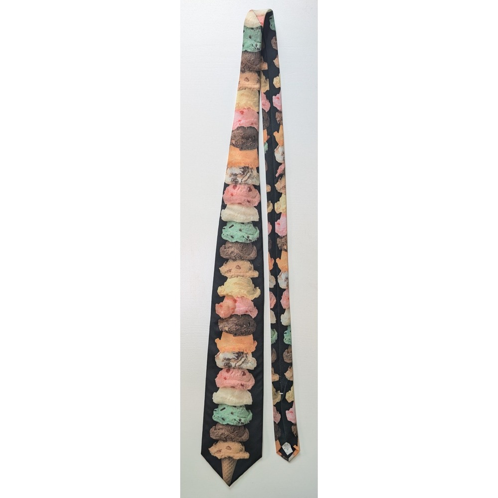 Vintage 1997 Ralph Marlin Ice Cream Scoop Tower Novelty Silk Tie Black Multi